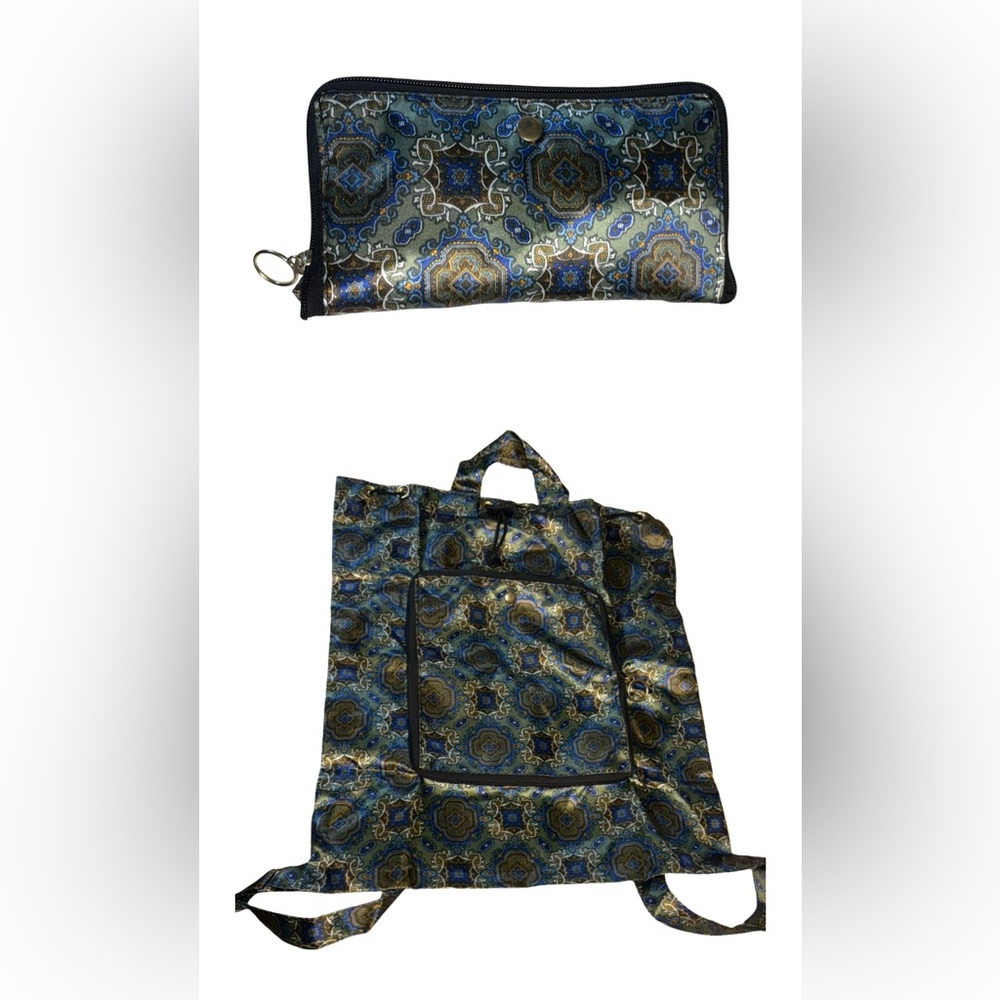 New Blue and Gold Patterned Silky Fold Up Backpack Women's Bags